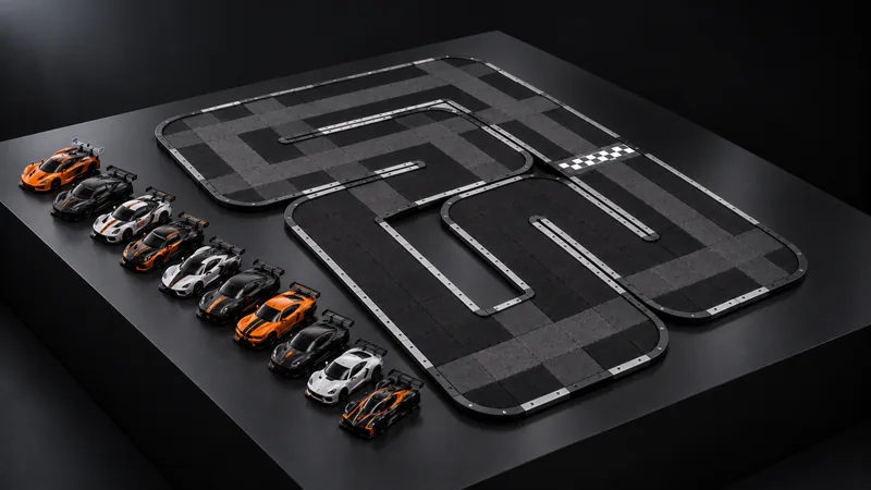 A 1/28 scale race track of black and grey tiles with a chequered start line, ten small GT race cars lined up beside it on a dark display plinth