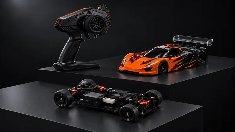 A Mini-Z style 1/28 scale race car in orange and black, its bare chassis and a pistol-grip radio on dark display plinths