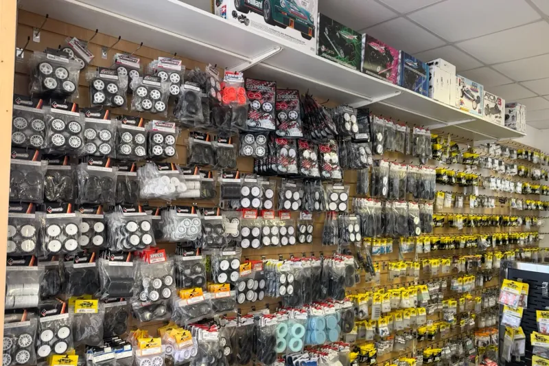 Inside the Speed RC shop in Edzell: a wall of wheels, tyres and spares