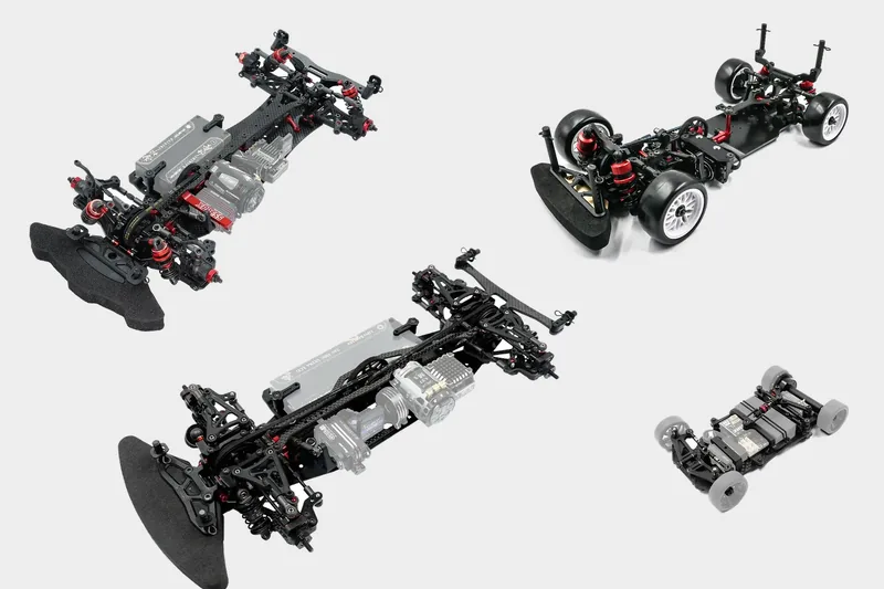 Four Xpress chassis: the XQ11RR and MF1 touring cars, the FM1S mini touring car and the Pixel Z1 micro